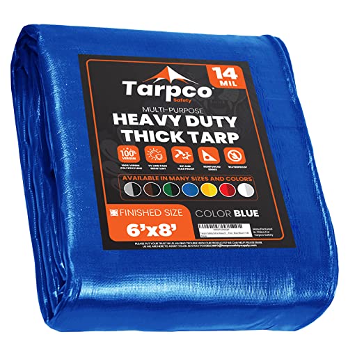 Image of Extra Heavy Duty 14 Mil Tarp Cover, Waterproof, UV Resistant, Rip and Tear Proof, Poly Tarpaulin with Reinforced Edges for Roof, Camping, Patio, Pool, Boat (Blue 6′ X 8′)