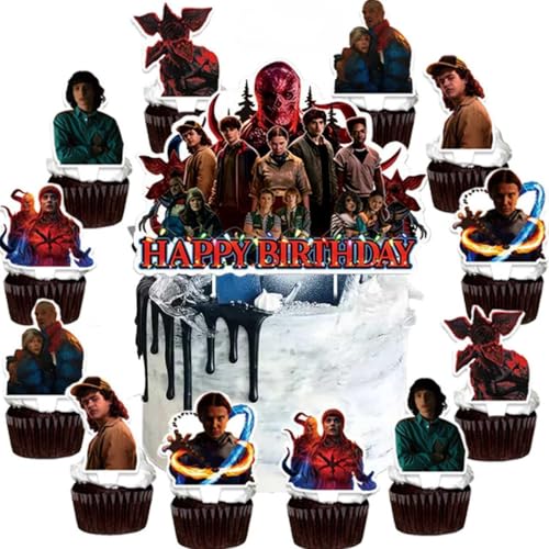 25Pcs Stranger 5 TV Happy Birthday Cake Decorations with 1Pcs Cake Topper 24Pcs Cupcake Toppers for Movie Theme Birthday Party Supplies