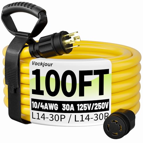 100FT 30 Amp Generator Cord, Outdoor Heavy Duty 4 Prong Extension Cord with Twist Lock, NEMA L14-30P/L14-30R, 30A 125/250V, 10 Gauge, STW, for Home Emergencies, RVs, ETL Listed, Yellow