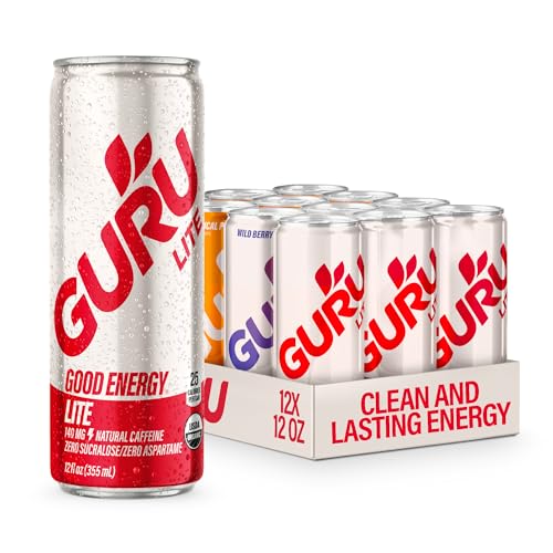 GURU Organic Energy Drinks Variety Pack, Clean Energy Drink with Plant Based Natural Caffeine from Green Tea, Gluten Free and Vegan, 140MG Caffeine, Healthy Drinks, 12 oz, Pack of 12