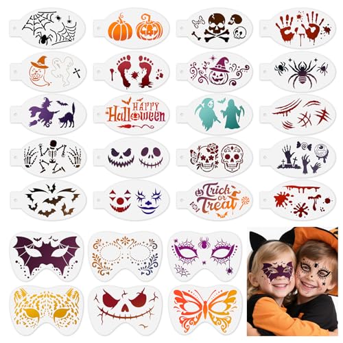 HOWAF 26pcs Halloween Face Paint Stencils, Skull Bat Spider Face Painting Stencils Body Paint Stencil, Spooky Trick or Treat Ghost Skeleton Painting Templates for Hallows' Eve Party Decor Makeup