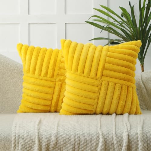 All Smiles Throw Pillow Covers 18x18 Set of 2 Faux Fur Soft Fluffy Velvet Cushion Case Autumn Thanksgiving Decoration Farmhouse Home Decor for Couch Bed Sofa Living Room Mustard Yellow
