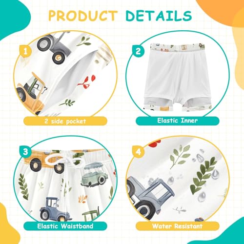 Bolaz Toddler Boys Swimwear Swim Trunks with Compression Liner 4T Cars Tractors Leaf4