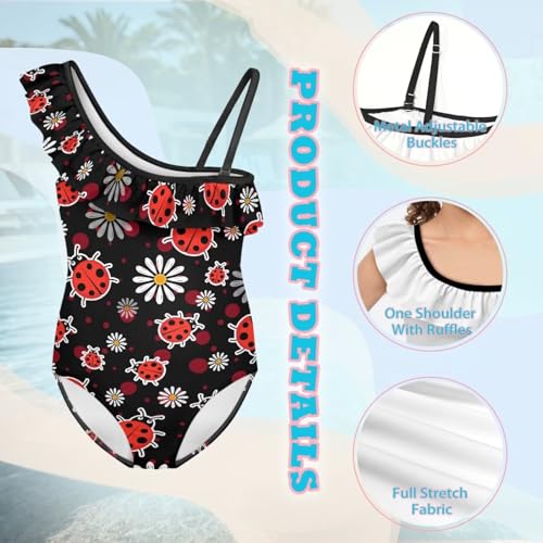 Image of Ladybug Swimsuits for Girls 5-14 One Piece Bathing Suit Kids One Ruffle Shoulder Beach Sport Swimwear