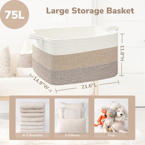 Goodpick Large Woven Storage Basket, 21.6" x 14.9" x 11.8" Rectangle Rope Baskets for Toy Storage, Blanket Basket for Living Room, Bedroom, Light Brown