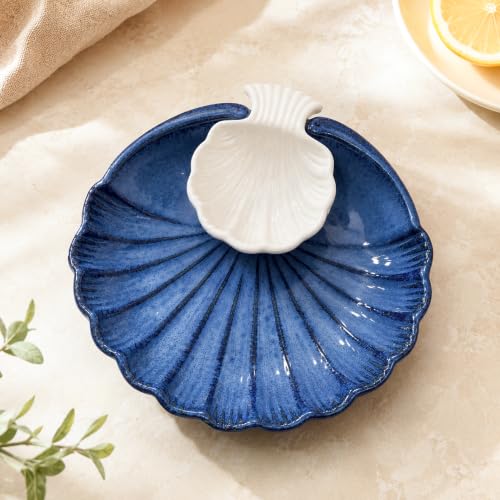 Image of The Earth Store Blue Sea Shell Ceramic Platter - Microwave & Dishwasher Safe Serving Platter Ceramic | Platter Plates for Serving Snacks, Appetizers & Desserts for Home, Cafes & Restaurants