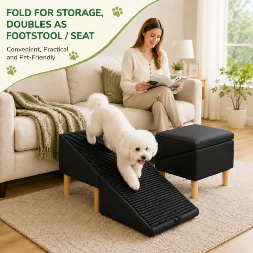 Image of 2-in-1 Foldable Ottoman Dog Ramp for Couch,Convertible Folding Dog Stairs for Couch and Bed,Non-Slip Wooden Pet Stairs for Puppy Senior Injured Dogs(Black)