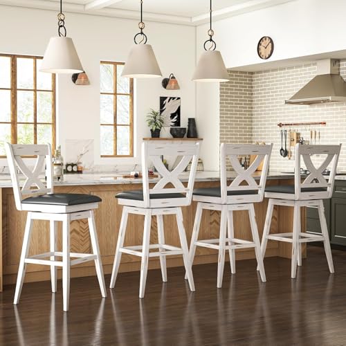 Image of Swivel Bar Stools Set of 2, Farmhouse 30 inch Counter Height Barstools with X Carved Backs, Wooden Bar Chair with Solid Wood Legs & Footrest for Kitchen Island, Home Bar, Pub. Antique White