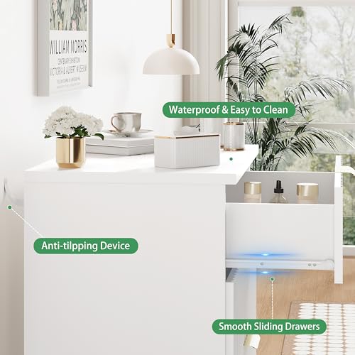 Image of Fluted Dresser for Bedroom with 3 Drawers, 24 inch Wide Modern Chest of Drawers with Metal Handle, Wooden Dresser TV Stand, Wood Closet Clothes Storage Drawer Organizer for Living Room, Hallway, White