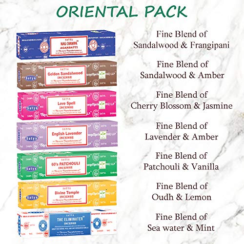 Image of Satya Incense Sticks Gift Set, 7, Scents Nag Champa, 60s Patchouli, The Eliminater, Divine Temple, Love Spell, Golden Sandalwood, English Lavender, 15 g Each (Oriental Mix)