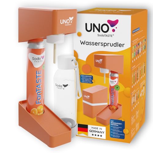 UNO Wassersprudler modular & ohne Strom | kompatibel mit allen CO-Zylindern mit Standard-Schraubgewinde | Set inkl. 1L-Wasserflasche & CO-Zylinder FanTASTE & Flaschentrockner (Orange)