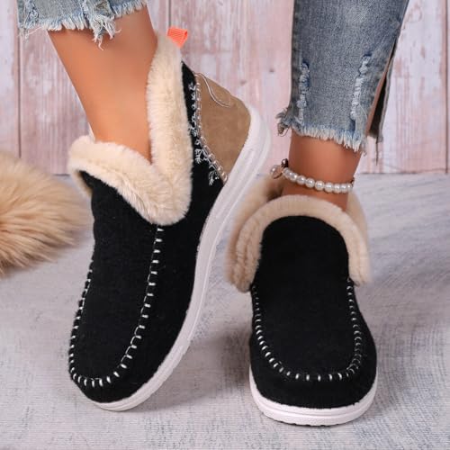HUIQINGLI Women's Winter Plush Lined Flat Shoes, Comfy Orthopedic Arch Support Shoes, Embroidered Patchwork Slip-On Warm Snow Booties2