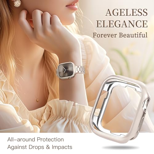 Image of Slim Metal Band for Apple Watch Bands for Women 41mm 40mm 38mm iWatch Bands with Protective Case, Stainless Steel Thin Dressy Fancy Strap for Apple Watch Band Series 9 8 SE 7 6 5 4 3-Starlight