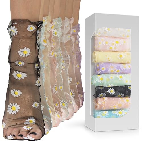 Translucent Daisy Socks Women Fashion Sheer Socks | See Through Mesh Socks for Women | Floral Tulle Socks Set of 8 Pairs in Assorted Colors (US sizes 5-8)