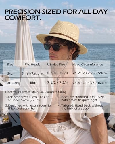 Image of Zylioo XXL XL Straw Hats for Men Big Heads,L M S UV Summer Fedora Panama,UPF Beach Sun Hats for Women Travel Hat