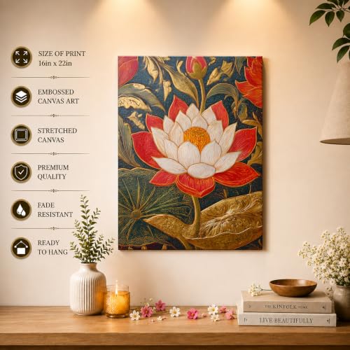 Image of PAINTINGMANTRA Traditional Indian Textured Embossed Lotus Canvas Wall Art Painting for wall decoration, Red & Gold Blooming Lotus Motifs Stretched Canvas Painting for living room, bedroom, Home and office, 16x22 Inch