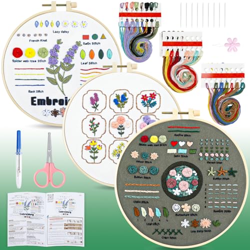 Image of HTVRONT Embroidery Kit for Beginners, 3 Pack to Learn 14 Stitches and 9 Flower Practice Samplers with Step-by-Step Video Tutorials, Beginner Embroidery Kit for Adult, Gift for Craft Lovers