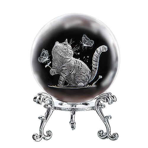 Gato gravado a laser 3D com borboletas bola de cristal peso de papel com suporte de presente para amantes de gatos