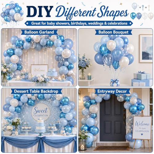 Image of Blue Balloons, 60Pcs Pearl White and Blue Balloon, 12 Inch Latex Double Stuff Pearl Blue Balloons for Boy Baby Shower Birthday Party Gender Reveal Wedding Anniversary Graduation Party Decorations