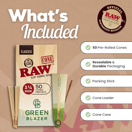 Image of RAW Cones 1 1 /4 Size: 50 Pack Patented Slow Burning Pre Rolled Rolling Papers & Tips, Classic Raw Paper, 84mm