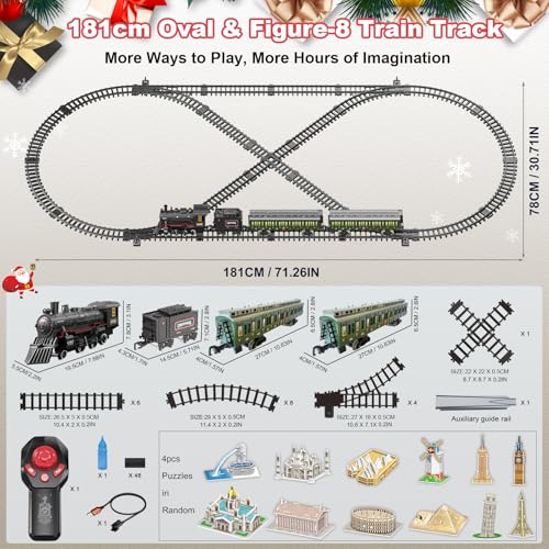 Image of Electric Train Sets Remote Control for Kids Metal Alloy Christmas Train Toys Steam Locomotive Glowing Passenger Carriages Luxury Tracks Light & Sounds Rechargeable Birthday Gifts for Boys Girls Green