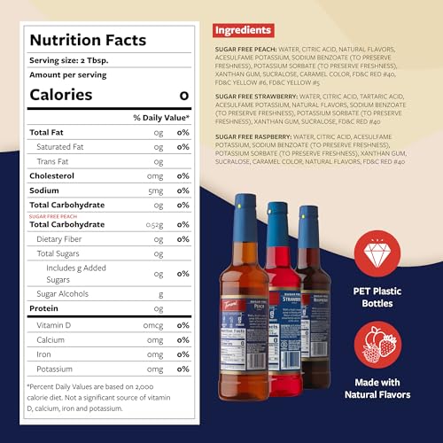 Torani Sugar Free Syrup Variety 3-Pack, Peach, Strawberry, and Raspberry Syrup for Drinks, Zero Calories, Pumps Included, 25.4 Fl Oz Ea