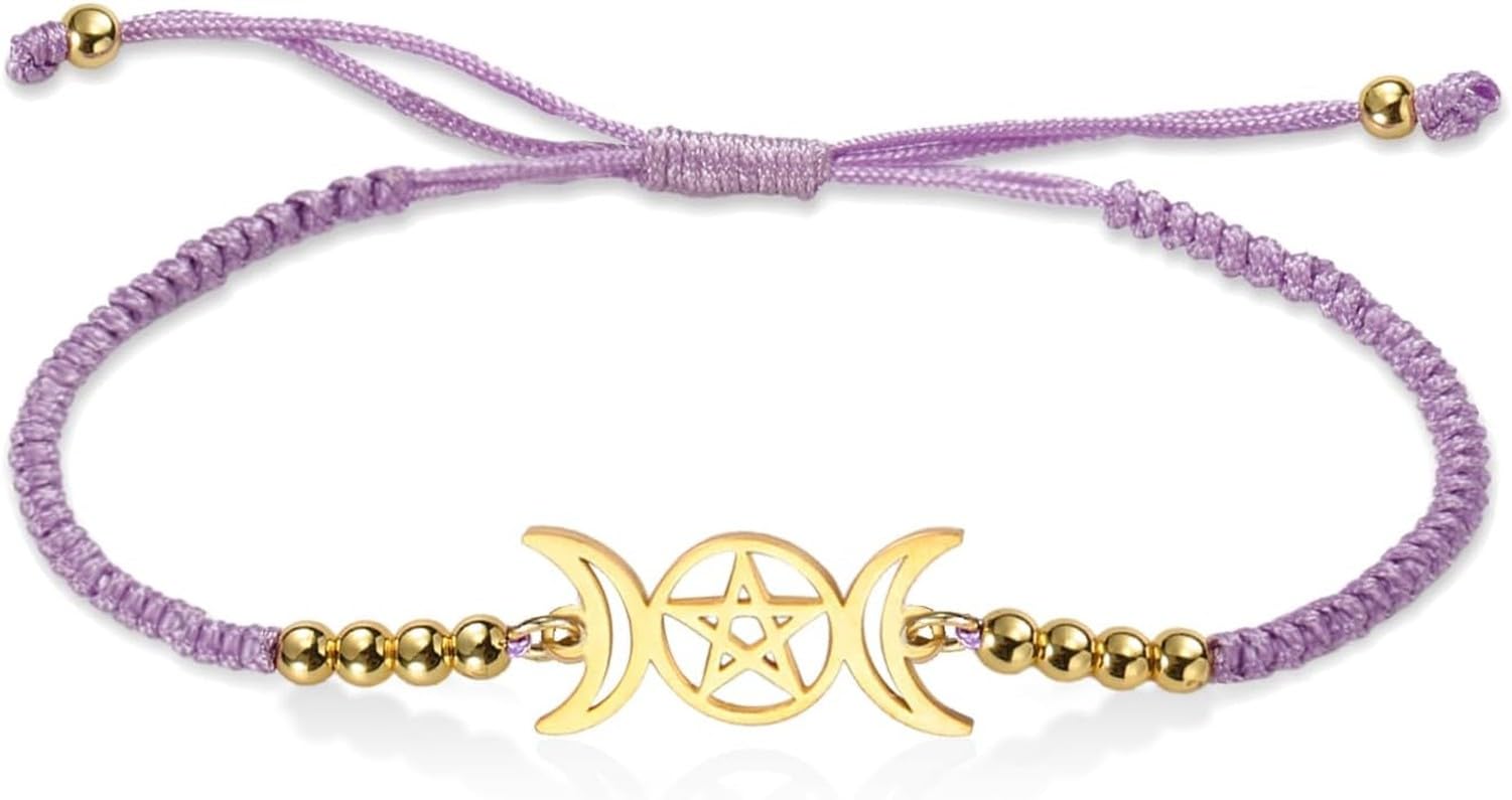 Faozhuo Triple Moon Goddess Rope Bracelet Handmade Braided Pentagram Amulet Pentacle String Bracelet Wiccan Pagan Jewelry for Women Men, Purple