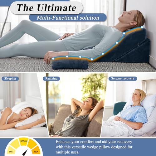 Axelrod Bed Wedge Pillow Set Foam | Adjustable Pillows for Back, Leg and Knee Pain Relief | Post Surgery Ortho Pillow – Anti Snoring, Heartburn, Acid Reflux & GRED Indigo