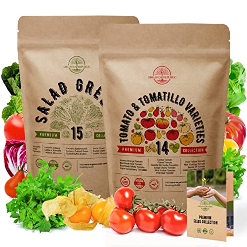 15 Lettuce & Salad Greens and 14 Rare Tomato & Tomatillo Seeds Variety Packs Bundle Non-GMO Heirloom Seeds for Planting Indoor and Outdoor Over 8300 Salad Greens & Tomato Seeds in One Value Bundle