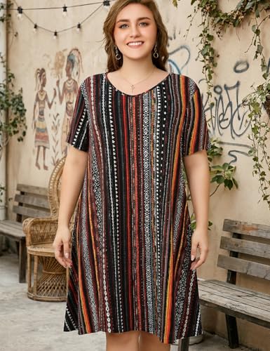 Image of OVERWORETY Womens Short Sleeve Plus Size T-Shirt Dress V Neck Casual Loose Swing A-Line Summer Tunic Dresses with Pockets