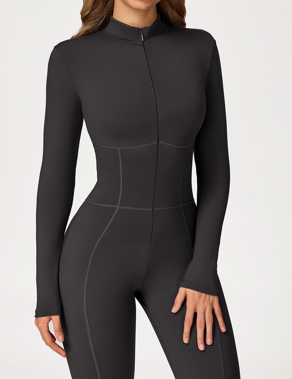 AEEZO Womens Fleece Lined Contour Seams Workout Jumpsuits Zip Up Thermal Yoga Rompers Sexy One Piece Bodycon Playsuit - Image 2