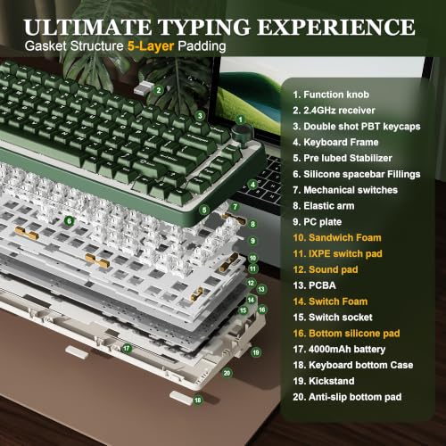 Image of YUNZII B75 PRO Wireless Mechanical Keyboard,75% Layout with Knob,Hot Swap Gasket Structure,Creamy Pre-lubed Switches,RGB Backlit,Bluetooth /Type-C /2.4G for Win /Mac (Olive Green, Milk Switch)