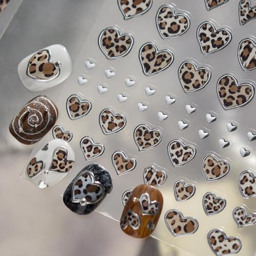 Image of Leopard Nail Stickers Decals Heart Nail Art Stickers 5D Embossed Self Adhesive Nail Decals for Nails Art Design for Women Girls Supply Manicure Decoration Accessories