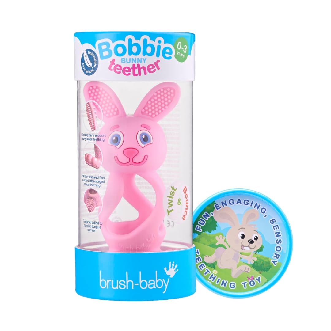 Brush-Baby, Bobbie Bunny Teether Toy, Rose Pink, Fun, Engaging, Sensory Teething Toy for Babies 0-3 Years, BPA Free - Image 2