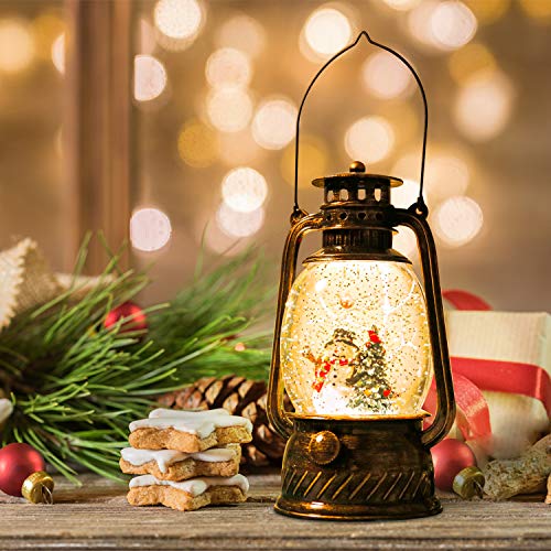 Melunar Christmas Snow Globe Lantern with Swirling Glitter and Battery & USB Powered Light 6H Timer for Christmas Home Decoration and Gift (Christmas Tree and Snowman)
