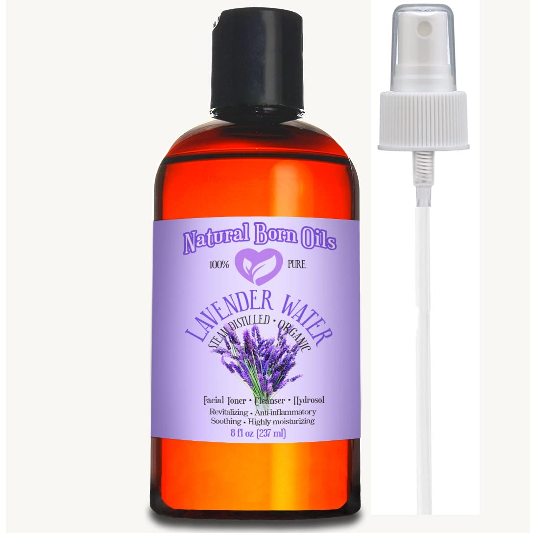 Natural Born Oils8oz Lavender Water Hydrosol, 100% Pure and Natural, Organic, Steam-distilled, Facial Toner Cleanser, with Sprayer (8-Lav-Water)