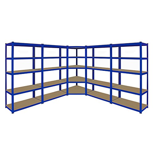 Monster Racking - 1 Rayonnage d'angle T-Rax Bleu et 4 Rayonnages T-Rax Bleus en Acier sans Boulons 90cm x 45cm x 180cm Cover