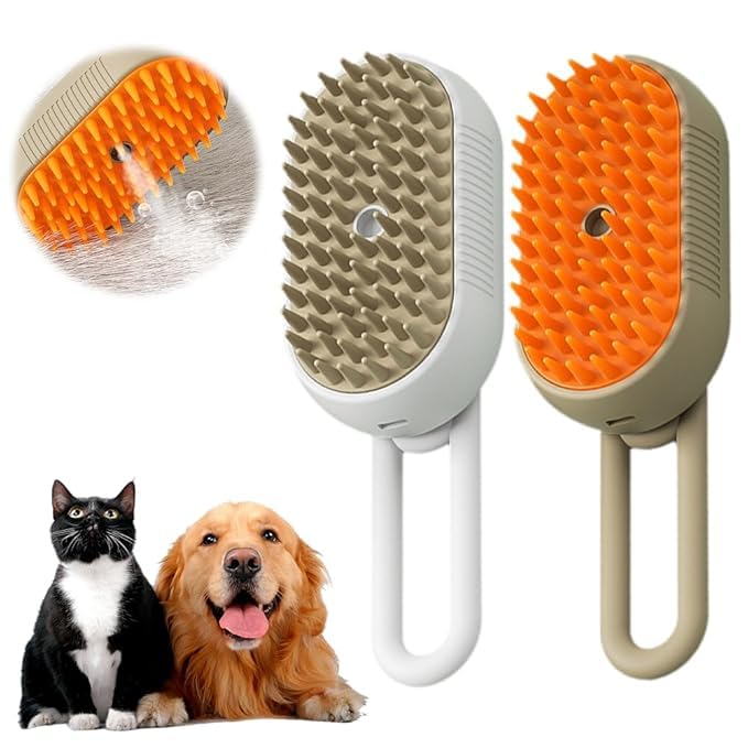 Cat Steam Brush, 3 In 1 Steamy Cat Brush with Release Button and Tank, Anti-Static Pet Spray Hair Removal Comb, Rechargeable Steam Dog Comb for Furry Pet (White& Khaki)