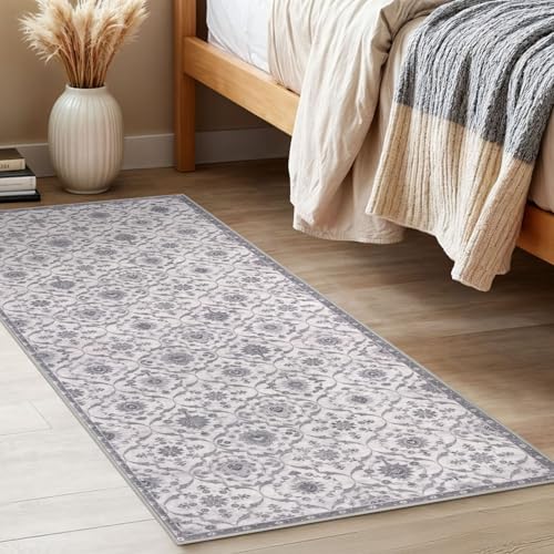 KILOCOCO 2x5 Runner Rug, Moroccan Super Soft Washable Hallway Entryway Runner Rug, Accent Print Faux Wool Kitchen Runner Rug 5 Feet Non-Slip Runners Boho Rug Runners for Laundry Room Bedroom, Grey