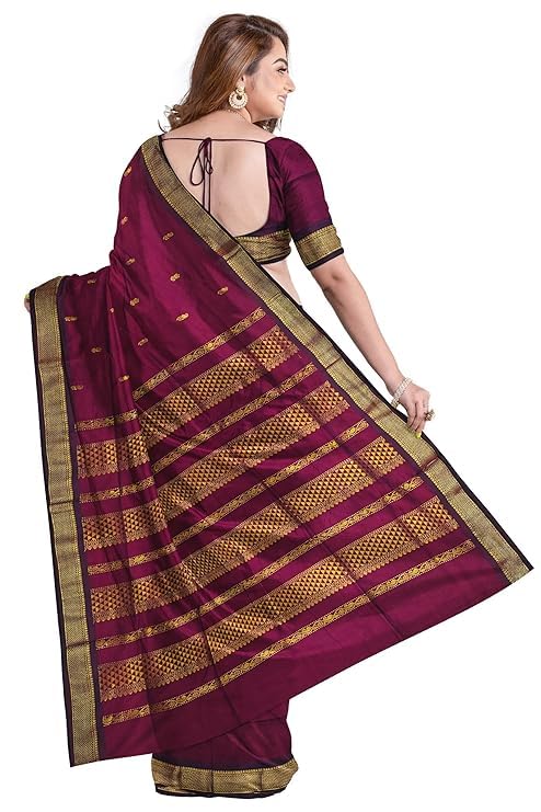 Image of Women's Premium Kanjivaram Cotton Silk Saree South Indian Paithani Sari | Gadwal Cotton Sarees Zari Border with Blouse Piece - Elegant Wedding & Festival Saree | Lightweight & Comfortable Brown 01
