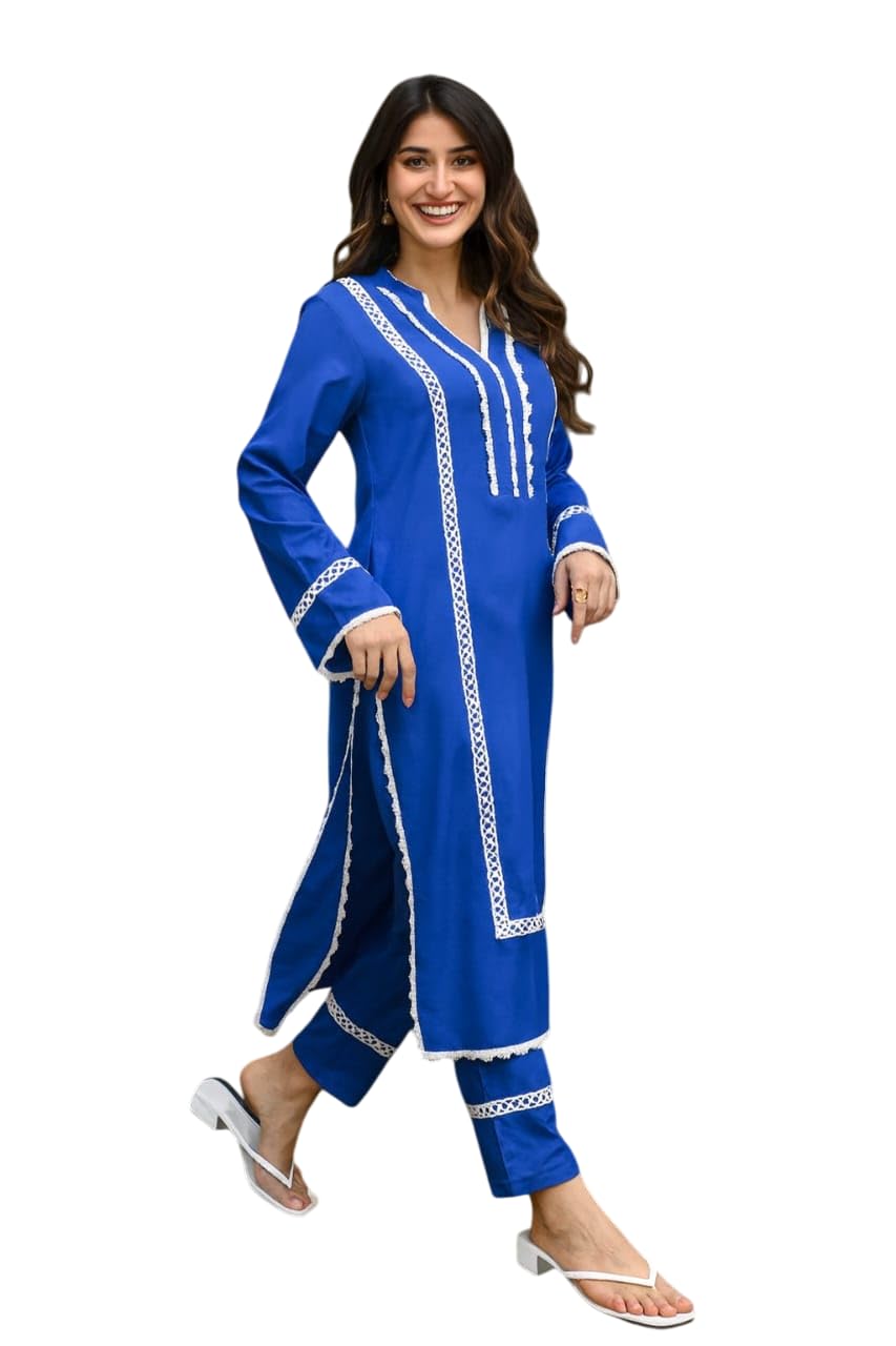 Women’s Cotton Kurta Set with Pants | Orange Straight Kurta with White Lace Detailing-image-40