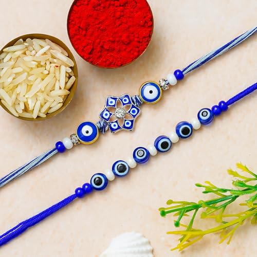 Image of eCraftIndia Designer Blue Evil Eye Rakhi Set with Best Bro Ever Fridge Magnet & Cute Couple Showpiece | Handmade Raksha Bandhan Gift Combo for Brother