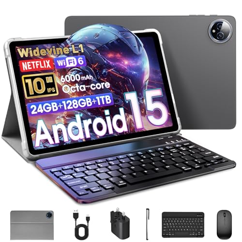 Raemond Tablet 10 Inch Android 15 with 24GB RAM + 128GB ROM (1TB Expand) Octa-Core 1280x800 IPS HD Touchscreen 5MP+8MP Dual Camera 6000mAh Tablet with Keyboard Mouse Widevine L1
