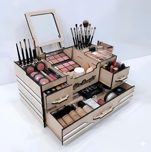 Image of Wooden Makeup Organizer Box with Drawers & Mirror | Vanity Station | Large Capacity Cosmetic Storage Case for Makeup, 38.2x20x19 cm, White