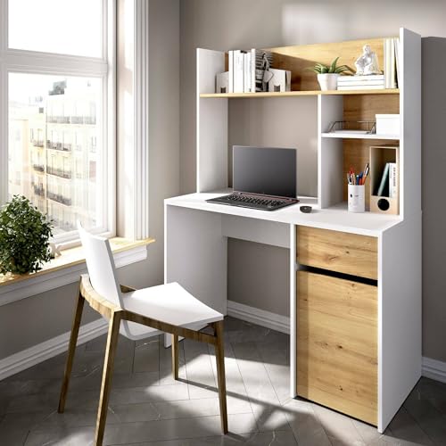Dmora Scrivania Fara, Scrittoio lineare con libreria, Tavolo da Studio salvaspazio Multiuso, 110x50h152 cm, Bianco e Rovere Nodi