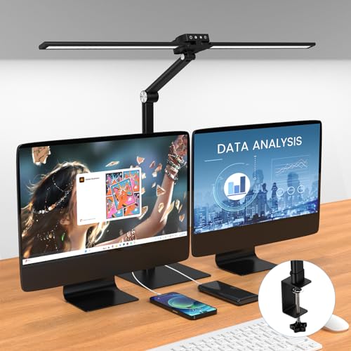 2-in-1 LED Desk Lamp with Clamp&Base, 24W Ultra Bright Tall Architect Desk Lamp with Motion Sensor Switch and USB & Type-C Charging Port,5 Colors 5 Levels Dimmer Adjustable, Table Lamp for H