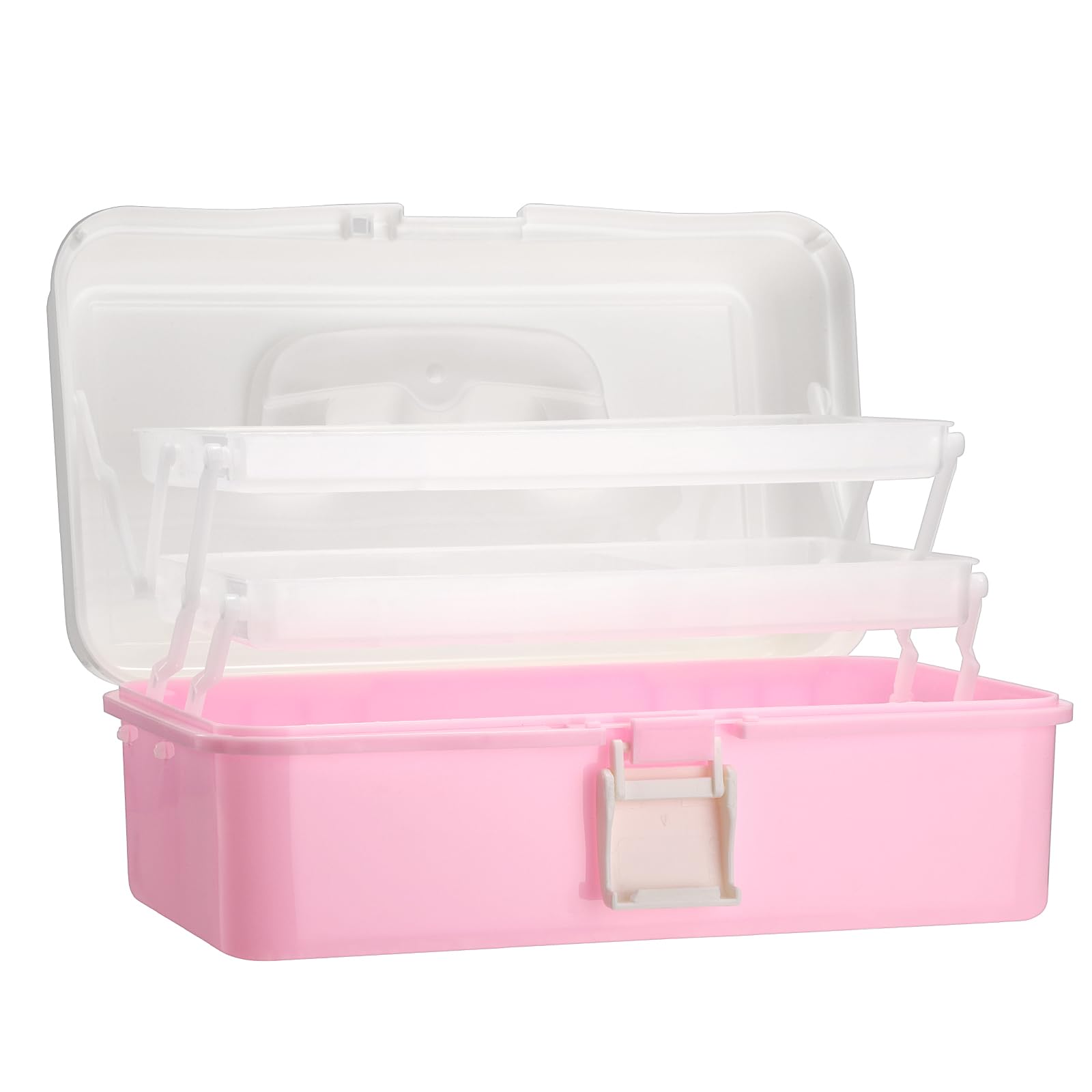 OGANAZI 3-Layer Foldable Storage Organiser Box with Compartments Sewing Box with Handles and Lids Medicine Storage Box Craft Storage Hair Accessories Organiser with Buckle 32.5*20.5*14cm White Pink