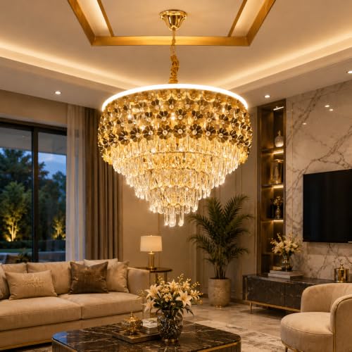 Image of TRIXY Flower Design Chandelier Lights For Ceiling Living Room | Hanging Golden Pendant Light 600MM Jhumar Lamp | K9 Crystals | 3 LED Color Changing (Warm White, Natural, Cool) | New Home & Decor Light