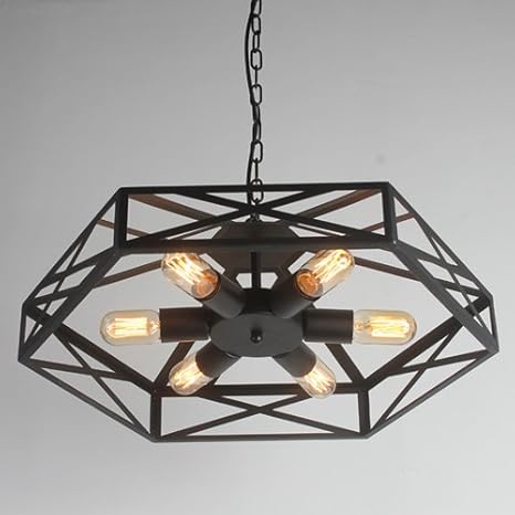 JHYFT Candelabros industriales Loft Retro Creativo Hexágono Geometría Araña de Hierro Barra de Bar Restaurante Café Lámpara Colgante Ventilador Negro Cadena Luz de Techo Ajustable
