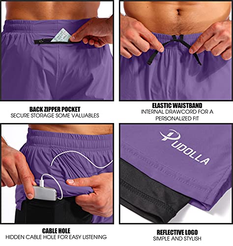 Image of Pudolla Men's 2 in 1 Running Shorts 5 inch Quick Dry Gym Athletic Workout Shorts for Men with Phone Pockets